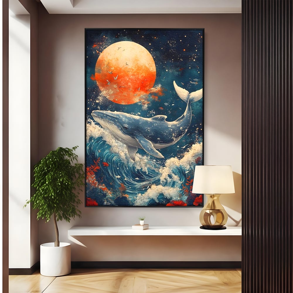 Tablou canvas cu tablou canvas cu balena si luna, in rama de aluminiu negru